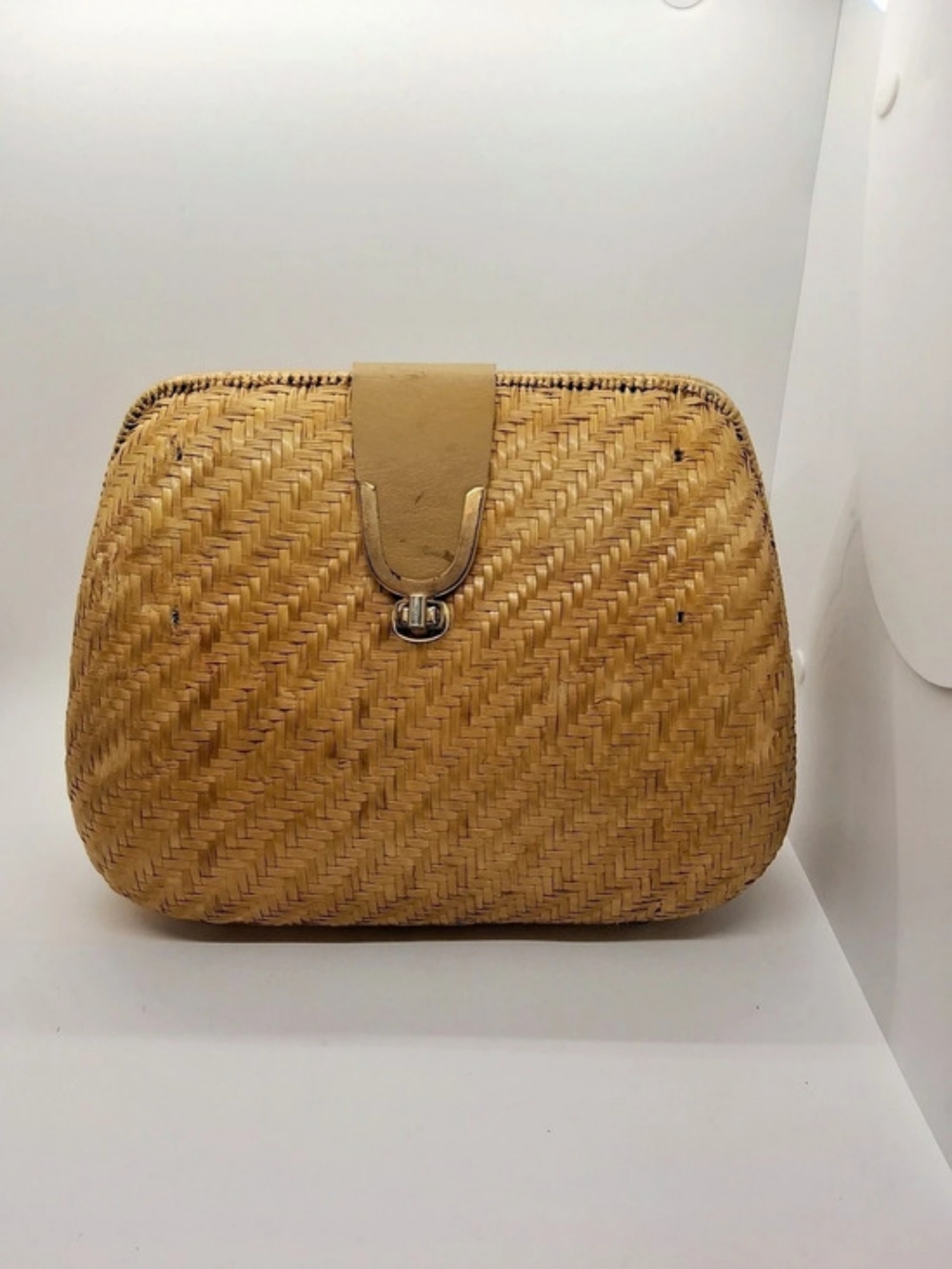 1970's Woven Rattan/Wicker Clutch Handbag W/Brass Accents